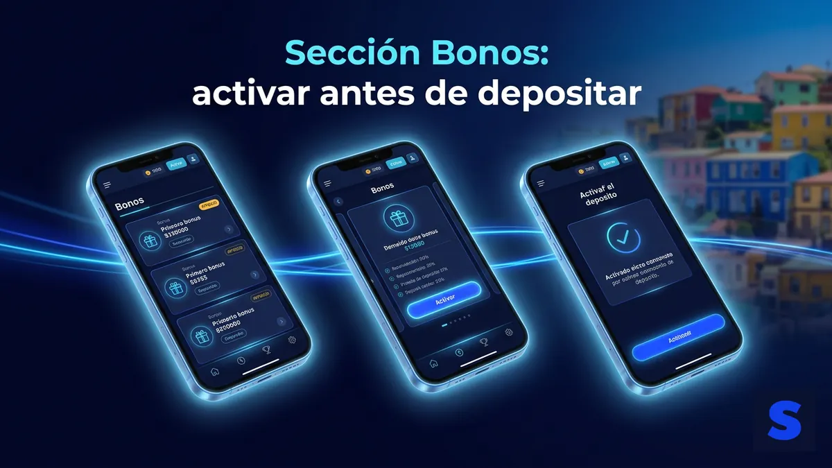Secuencia de pantallas del flujo de bonos de Slottica Chile: sección Bonos, botón Activar y confirmación de depósito