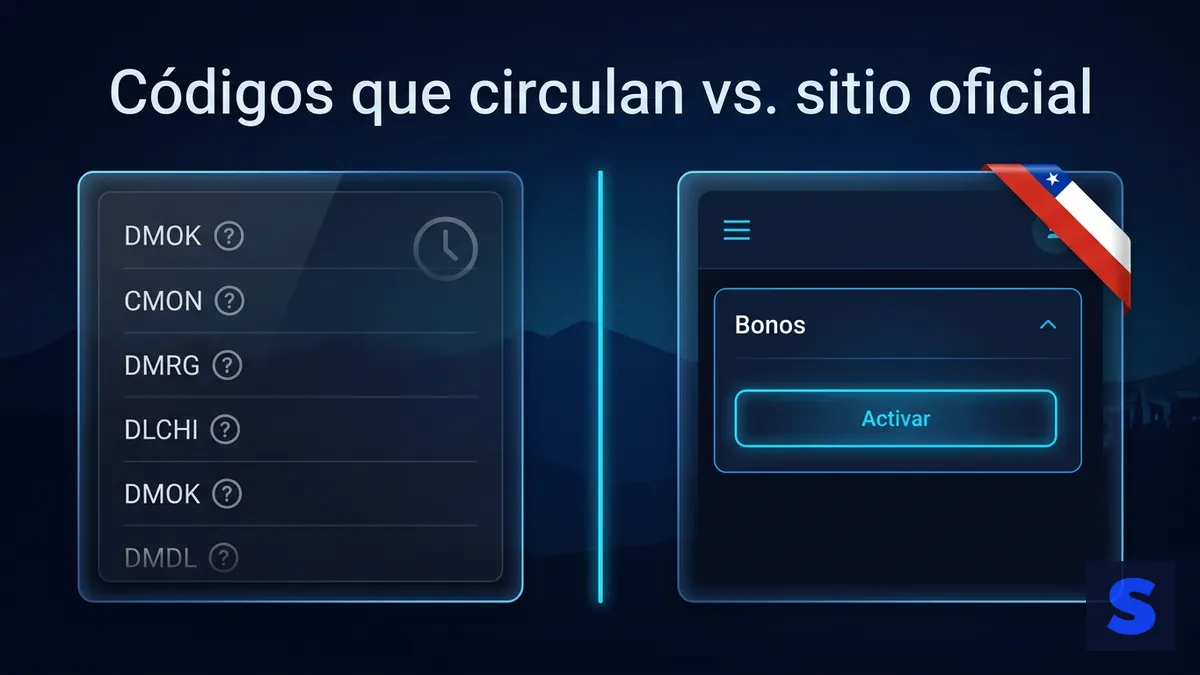 Comparación visual entre los códigos promocionales que circulan en Chile y la sección oficial de bonos de Slottica