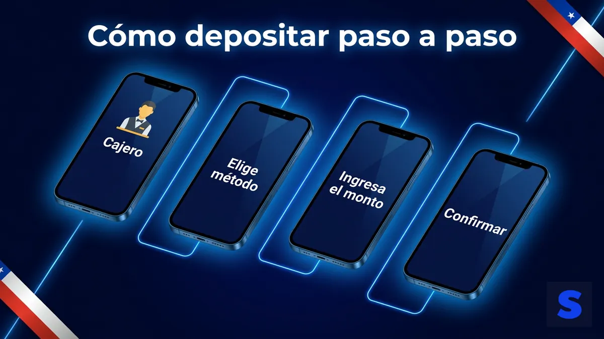 Pasos para depositar en Slottica Chile: secuencia de pantallas desde Cajero hasta Confirmar