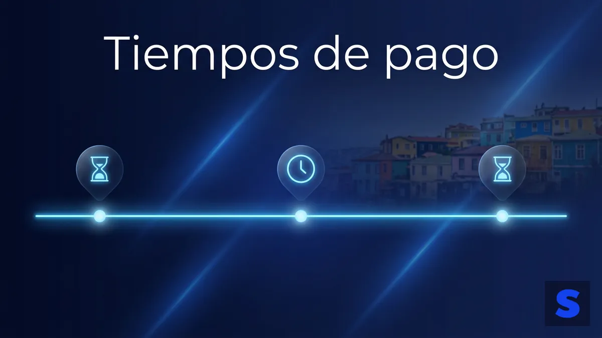 Tiempos de pago de retiro en Slottica Chile: línea de tiempo con silueta de Valparaíso